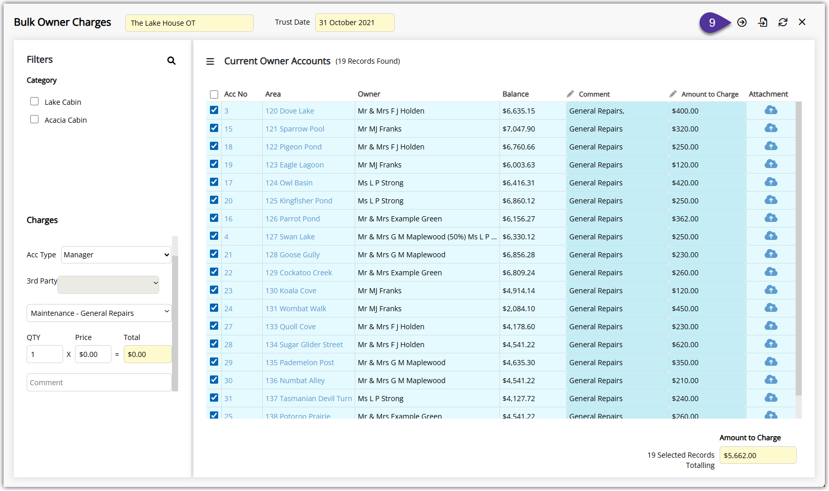 Annotated screenshot of the Bulk Owner Charges screen in RMS showing owner accounts selected with the total Amount to Charge highlighted