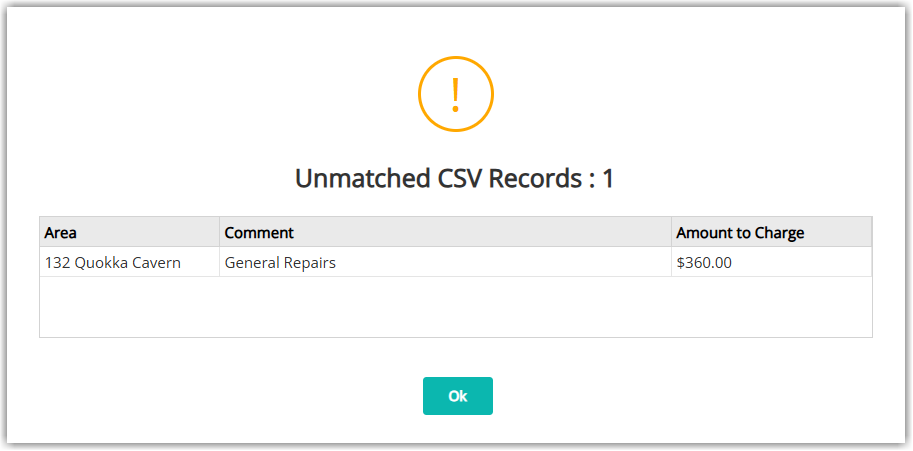 Screenshot of the Unmatched CSV Records dialog in RMS showing one area that could not be matched during the bulk owner charge import