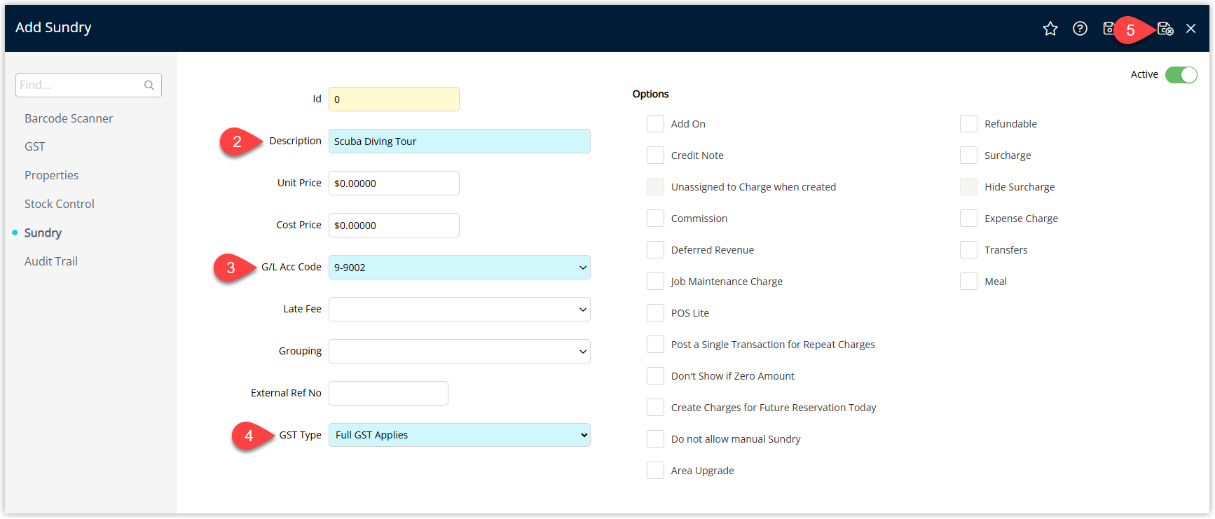 RMS Sundry details window showing fields completed for a Tour Sundry, including Sundry Description, General Ledger Account Code, optional Grouping, and Tax Type, with the Save/Exit button highlighted to store the new tour sundry.