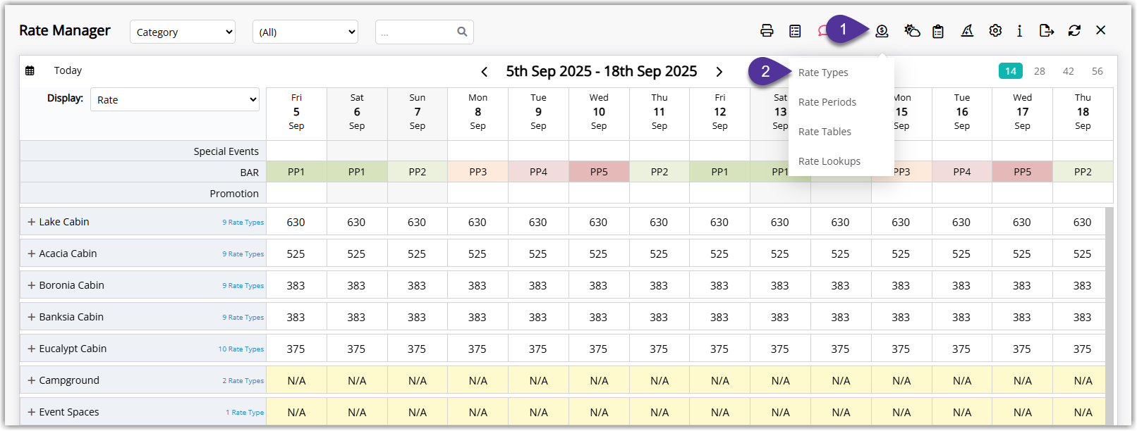 RMS Rate Manager screen with the Coin icon menu open and the Rate Type option selected to view and edit rate types.