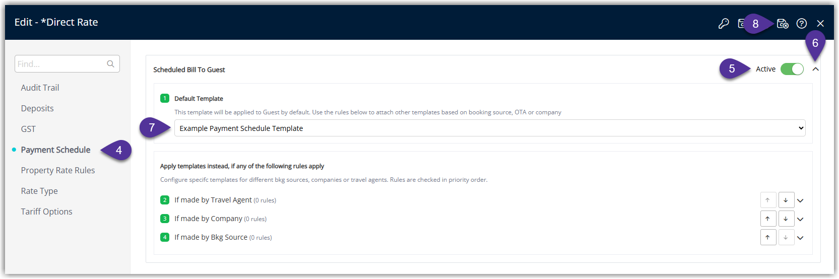 RMS Rate Type edit window on the Payment Schedule tab showing the Activate toggle turned on, a dropdown list of Payment Schedule Templates expanded, a default template selected, and the Save and Exit button highlighted.