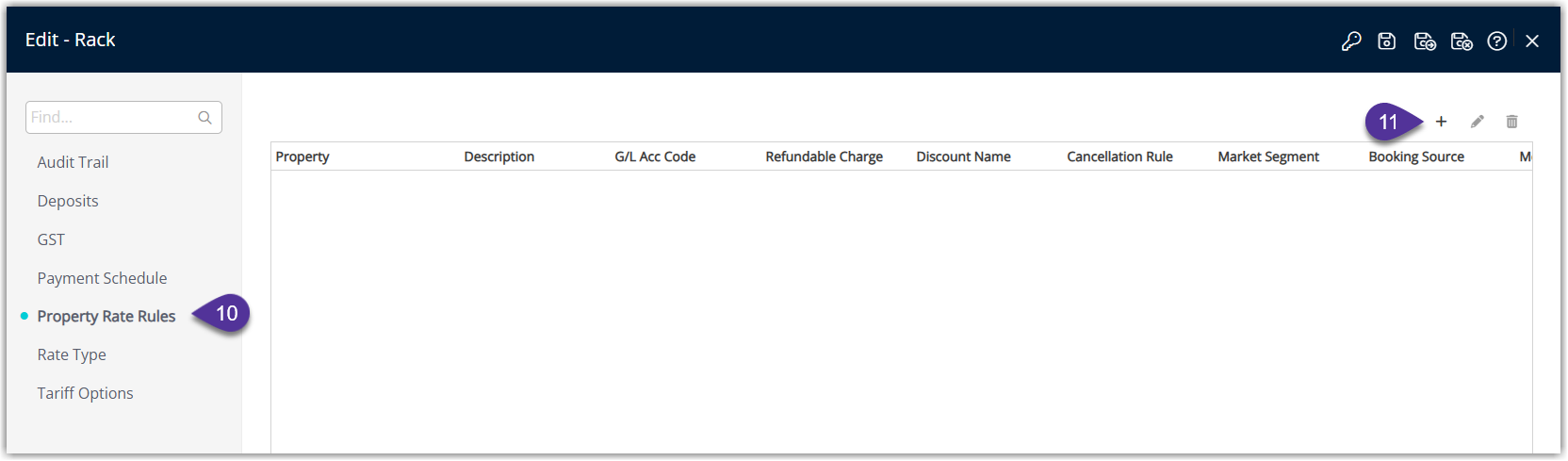 RMS Rate Type edit window on the Property Rate Rules tab displaying a list of properties, with one property rule open showing its own Payment Schedule tab and template selection for that specific property.
