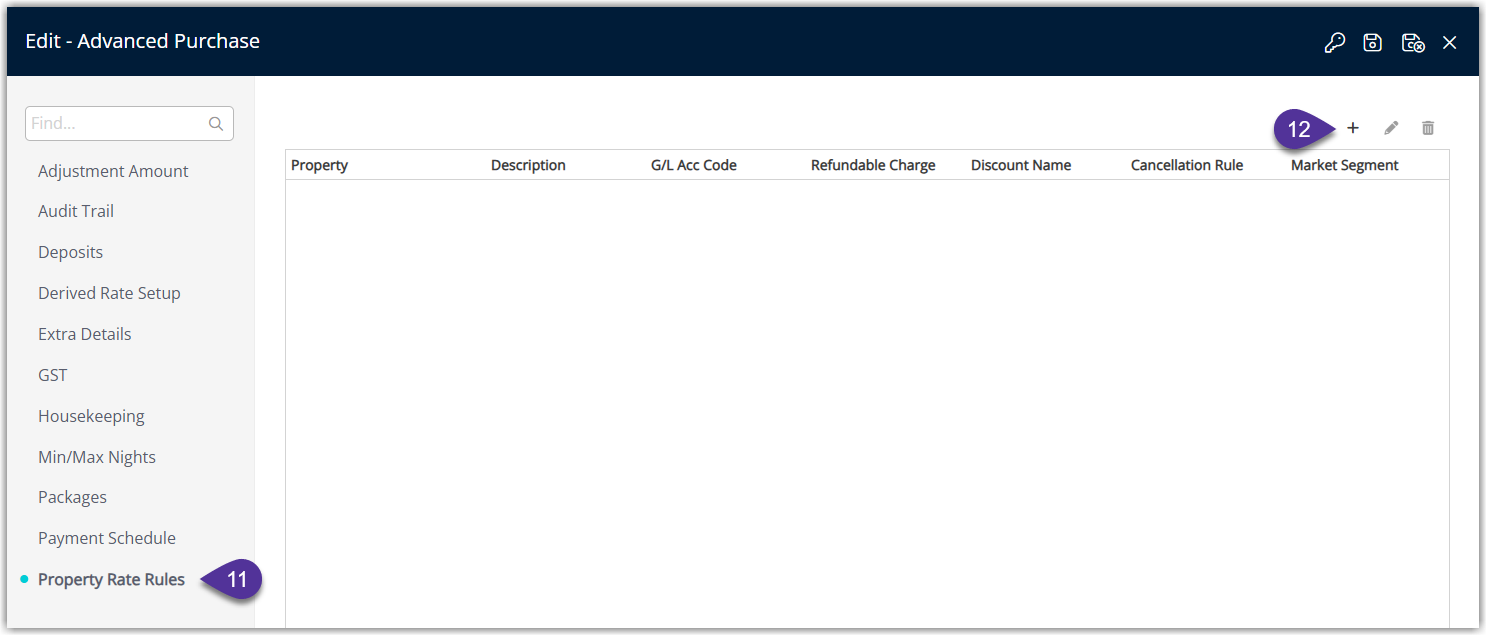 RMS Derived Rate Type edit window on the Property Rate Rules (or Property Derived Rate Rules) tab showing property-specific entries, with one rule opened to configure a Payment Schedule template just for that property.