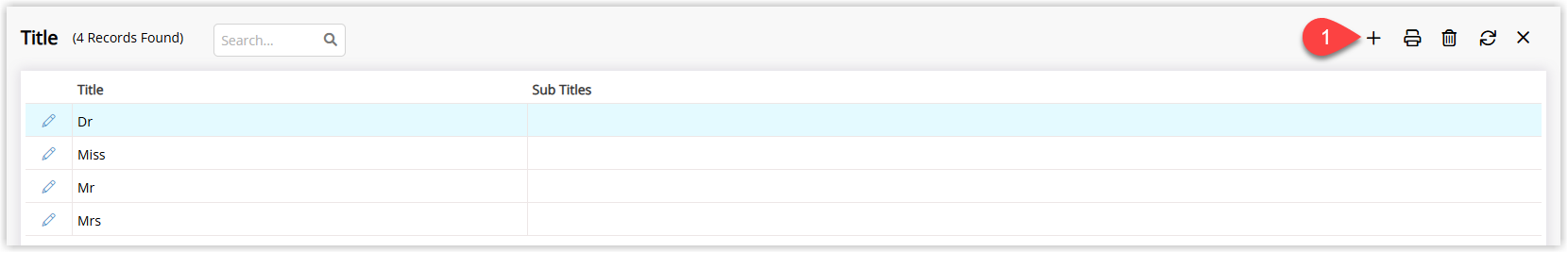 Titles lookup table screen in RMS showing a list of existing titles with an Add button to create a new title
