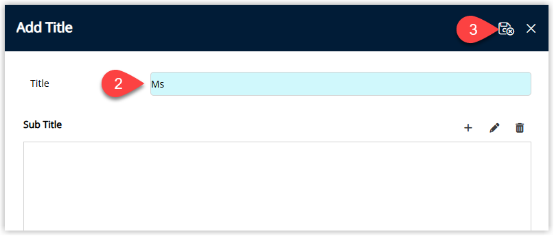 Title setup window with fields for Title Description and optional Sub Title, and a Save/Exit button to add the new title for use on Guest Profiles