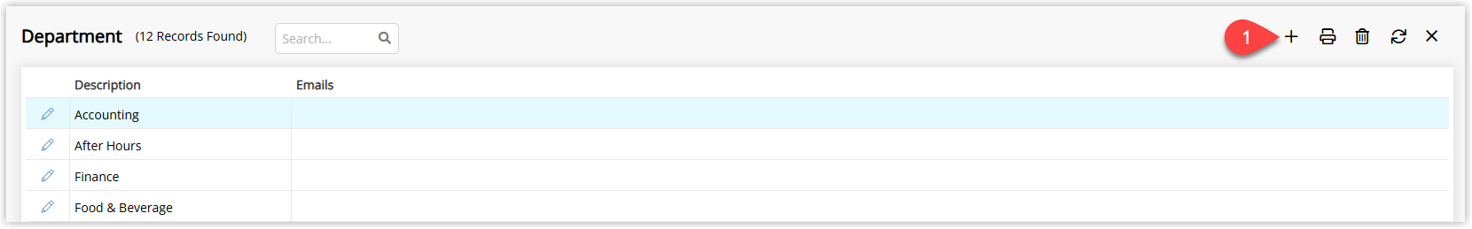 RMS Department lookup table screen listing existing departments with the Add button highlighted to create a new department record that can be linked to users and traces.