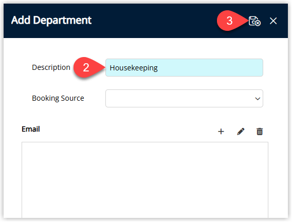 RMS Department details window showing fields completed for Description, optional Booking Source, and optional Department Email, with the Save/Exit button highlighted to save the new department.