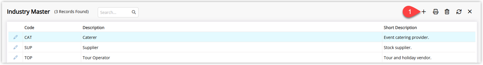 Industry Master lookup table screen in RMS showing a list of existing industry masters with an Add button to create a new industry master entry