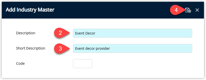 Industry Master details window with fields for Description, Short Description and an optional Code, and a Save/Exit button to add the new industry master for use on Company records