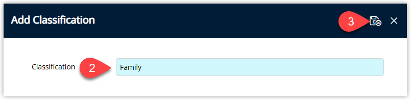 Add Classification window in RMS displaying a text field to enter the Classification name and a Save/Exit button to save the new guest classification and close the window.