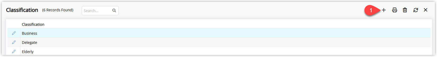 RMS Classification lookup table screen showing a list of existing guest classifications and a toolbar with an ‘Add’ button highlighted, indicating how to create a new Guest Classification.