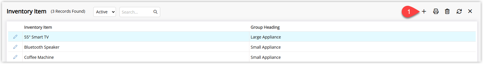 Screenshot of the Inventory Item lookup table in RMS showing existing inventory items with the Add button highlighted to create a new Inventory Item.