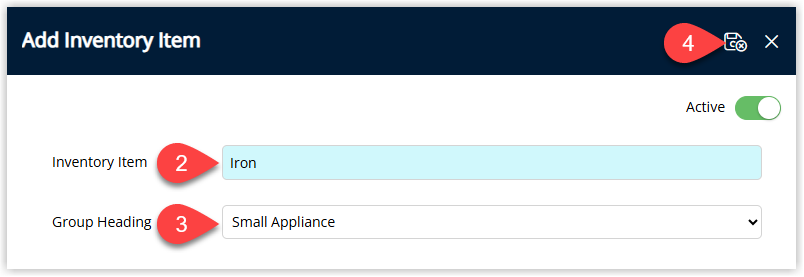 Screenshot of the Inventory Item setup screen in RMS showing the Inventory Item name field and the Inventory Grouping dropdown selected, with the Save/Exit button highlighted to save the new item.