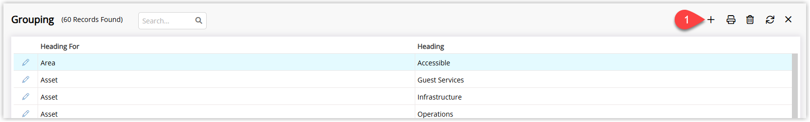 Screenshot of the Grouping lookup table in RMS showing a list of existing groupings with the Add button highlighted to create a new Inventory Grouping.