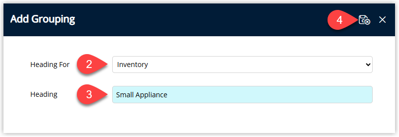 Screenshot of the Grouping setup screen in RMS showing the Heading For dropdown set to Inventory and a Heading Description entered, with the Save/Exit button highlighted to save the new Inventory Grouping.