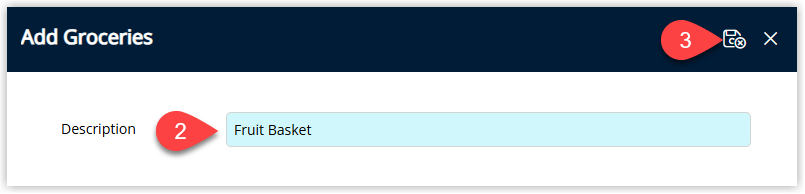 Annotated screenshot of the Add Groceries window in RMS highlighting the Description field and the save icon