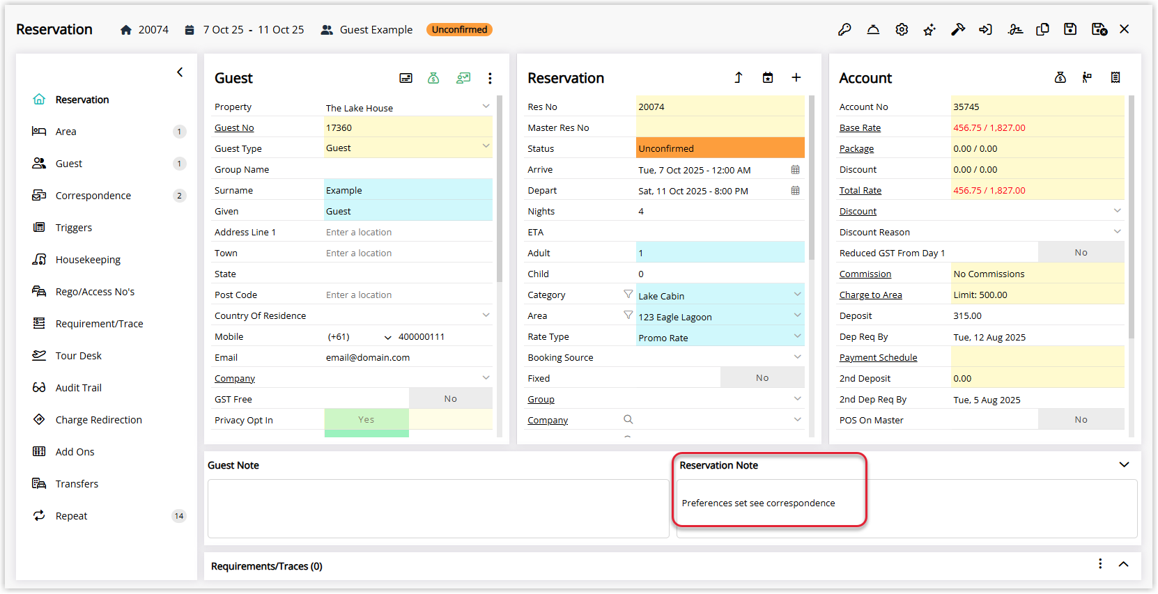 Annotated screenshot of the Reservation screen in RMS highlighting the Reservation Note with the guest's submitted preferences