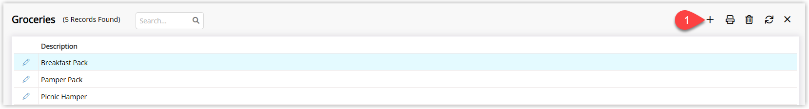 Annotated screenshot of the Groceries screen in RMS highlighting the add grocery item icon