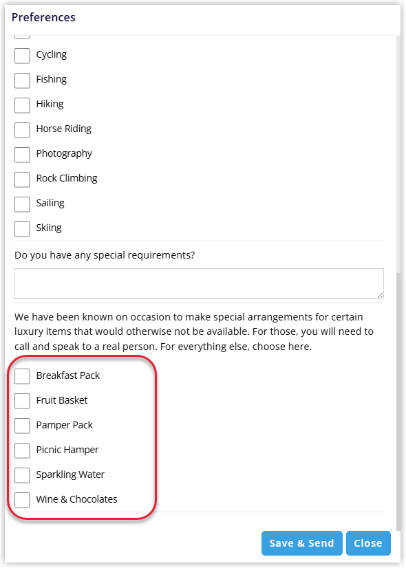 Screenshot of the Guest Portal Preferences page in RMS showing the grocery items available for the guest to select