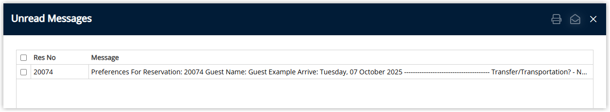 Screenshot of the Unread Messages window in RMS showing the guest preferences message for a reservation