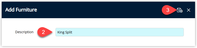 Screenshot of the Furniture details screen in RMS showing fields to enter the furniture description, quantity, area assignment and availability options.