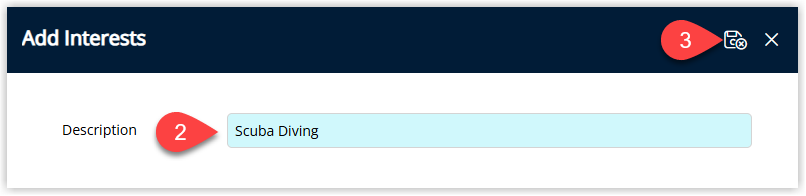 RMS Interest details window with the Interest Description field populated and the Save/Exit button selected to save the new interest.