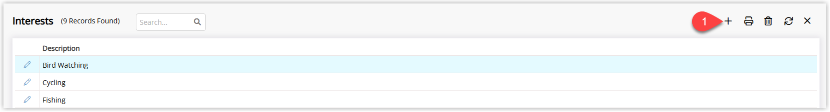 RMS Interests lookup table screen showing a list of existing interests with the Add button highlighted to create a new interest option.