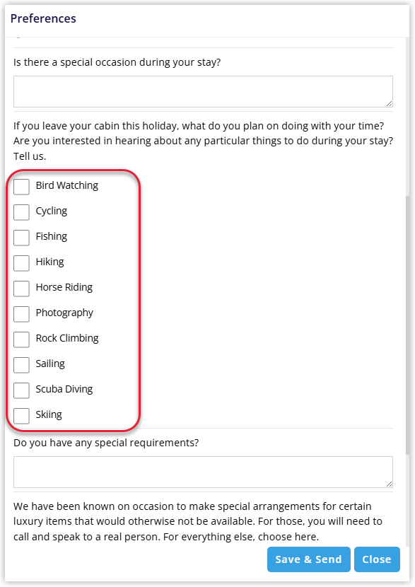 Guest Portal Preferences screen showing a list of available furniture or interest options with checkboxes indicating which preferences are visible for guests to select.