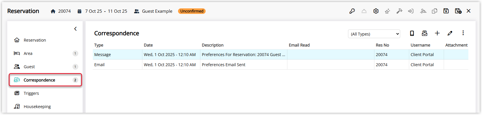 RMS Reservation screen with the Correspondence tab highlighted to show where Guest Portal preference submissions are stored.