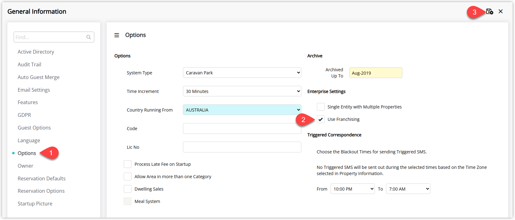 General Information screen for Property Options in RMS on the Options tab with the Use Franchising checkbox ticked and the Save Exit button highlighted.