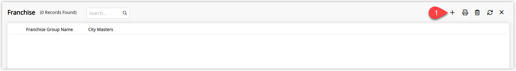 Franchise setup screen in Property Options showing a list of existing franchise groups with the Add button highlighted to create a new Franchise Group.