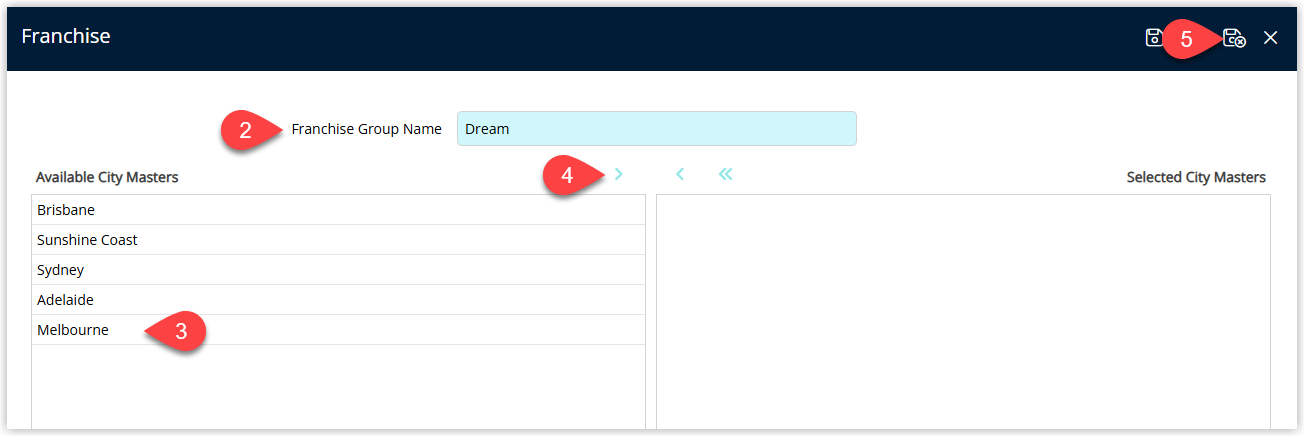 Franchise Group details screen showing the Franchise Group Name with selected City Masters allocated and the Save Exit button highlighted.