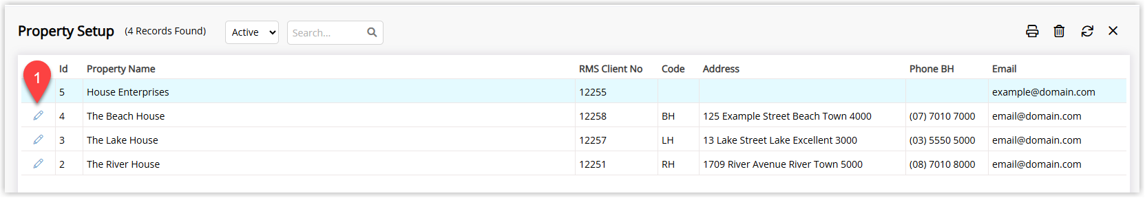 Property Information list in RMS displaying properties with the Edit icon highlighted on one property to open its details.