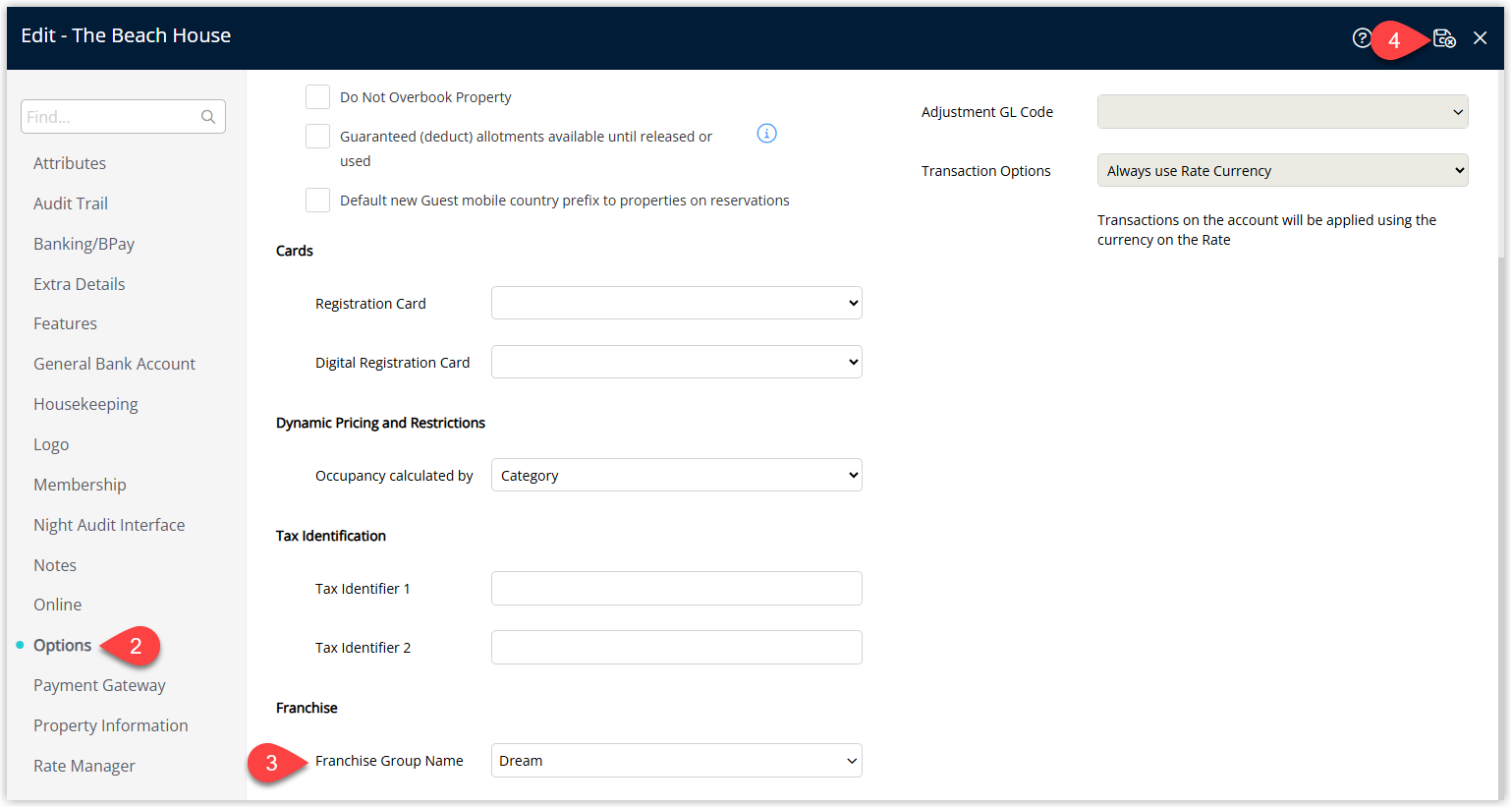 Property Information window open on the Options tab showing a Franchise Group dropdown with a Franchise Group selected for the property and the Save Exit button highlighted.