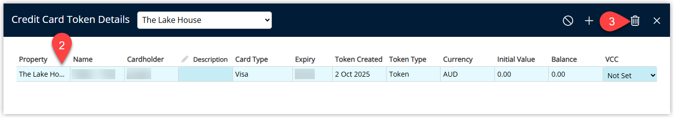 Credit Card Tokens window in RMS displaying a list of stored CC Tokens, with one token highlighted in blue to show it is selected and a Delete option visible for permanently removing the selected token.