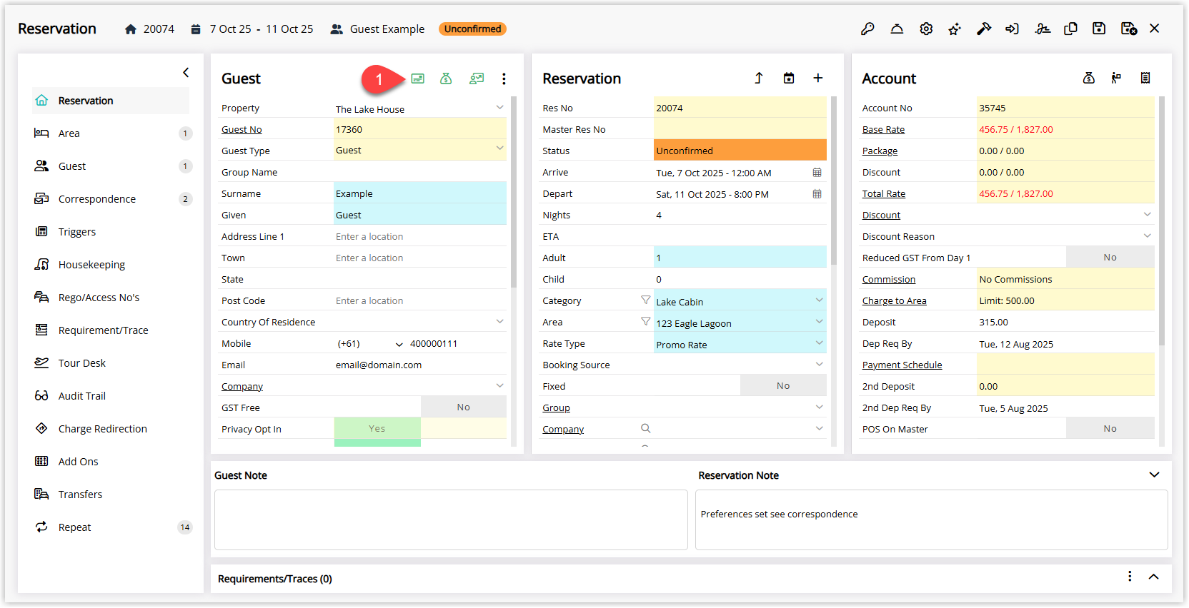 RMS Reservation (or Guest, Company, Travel Agent or Wholesaler) screen showing the Credit Card icon highlighted, indicating where to click to view stored Credit Card Tokens (CC Tokens).