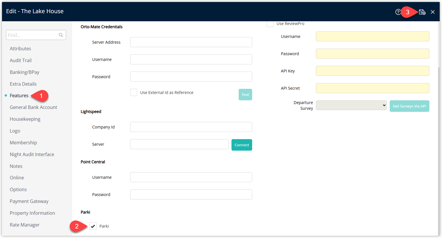 Features tab in Property Information with the Parki checkbox highlighted