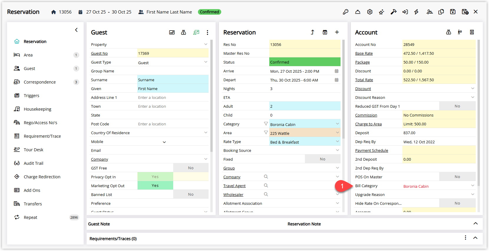 Reservation details screen in RMS showing the Bill Category field set to the guest’s originally booked category, while the Category and Area fields still reflect the current allocation