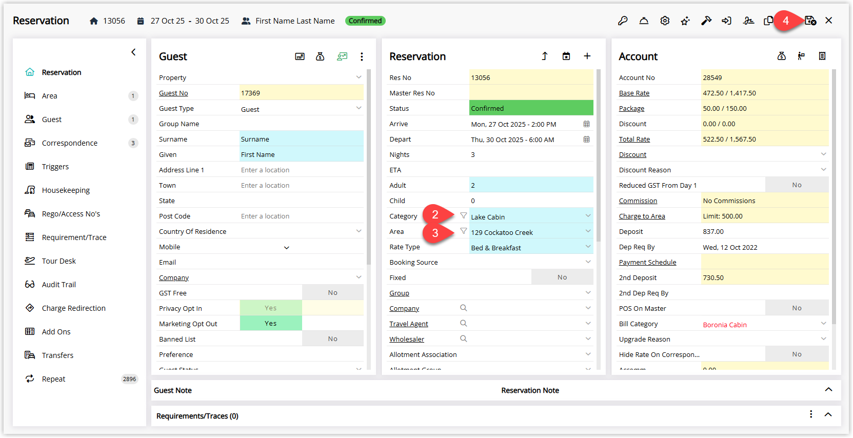 Reservation in RMS after a complimentary upgrade, showing the Bill Category field still set to the original lower-tier category while the Category and Area fields display the upgraded room type and area, with the Save/Exit button highlighted