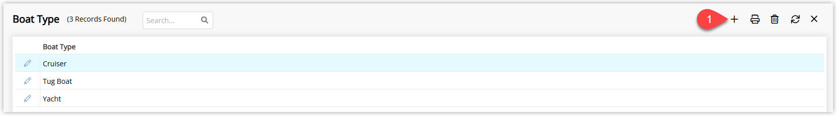 Screenshot of the Boat Type setup screen in RMS showing a list of existing boat types with options to add, edit or delete each type.