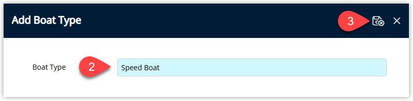 Screenshot of the Boat Type details screen in RMS showing fields to enter the boat type name, description and other configuration options.