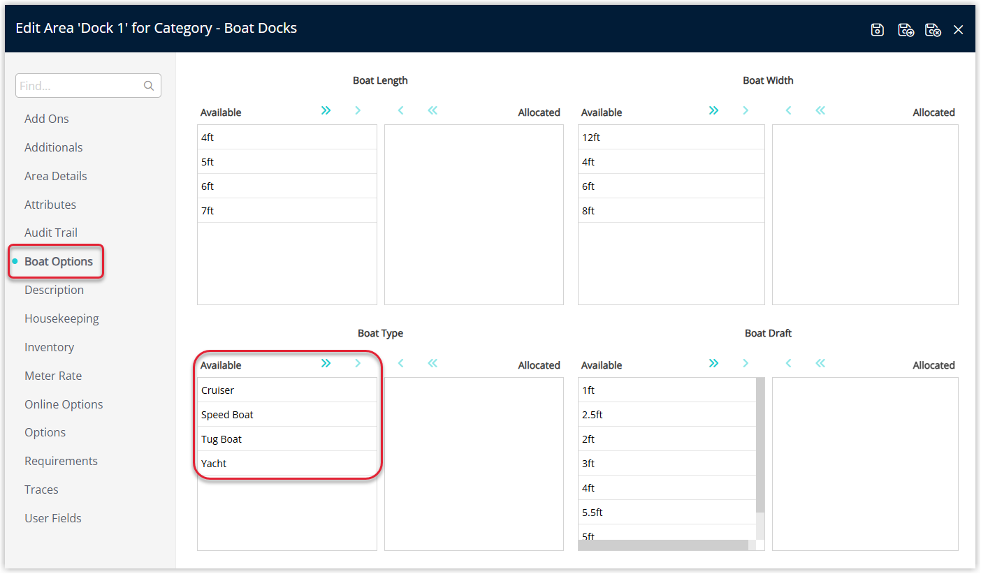 Screenshot of the Boat Type details screen in RMS showing fields for boat type name, description and attributes such as size and type