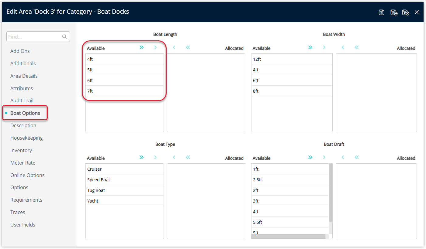 RMS Area setup window for a Dock category with the Boat Options tab selected, showing drop-down fields for Boat Draft, Boat Length, Boat Type, and Boat Width, and the newly created Boat Length value available for selection.