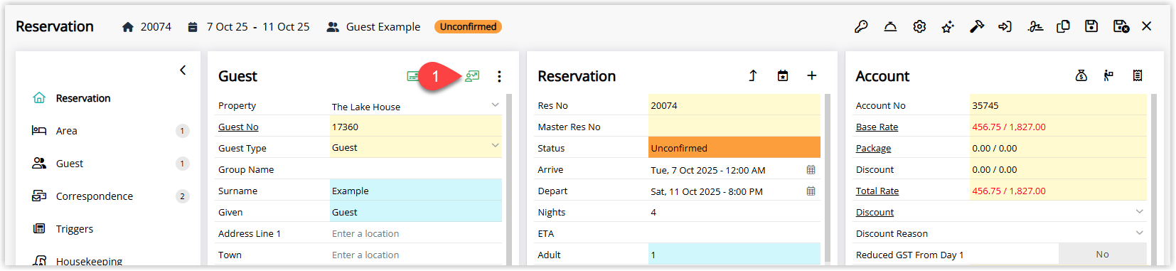 Guest Profile or Reservation screen in RMS showing the Guest Details with a Guest Stats button or tab highlighted to open the guest’s statistics and history