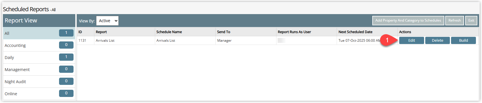 Annotated screenshot of the Scheduled Reports list in RMS with the Edit button on a schedule row highlighted