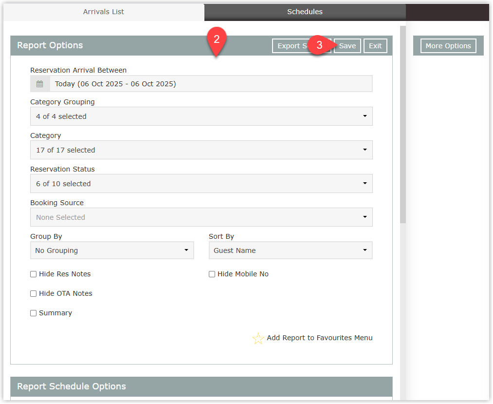 Annotated screenshot of a scheduled report's options screen in RMS with the report settings and the Save button highlighted