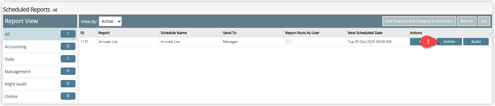Annotated screenshot of the Scheduled Reports list in RMS with the Delete button on a schedule row highlighted