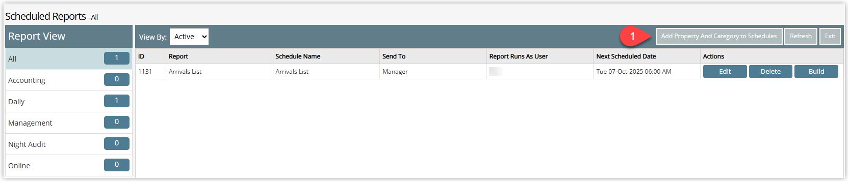 Annotated screenshot of the Scheduled Reports list in RMS with the Add Property And Category to Schedules button highlighted