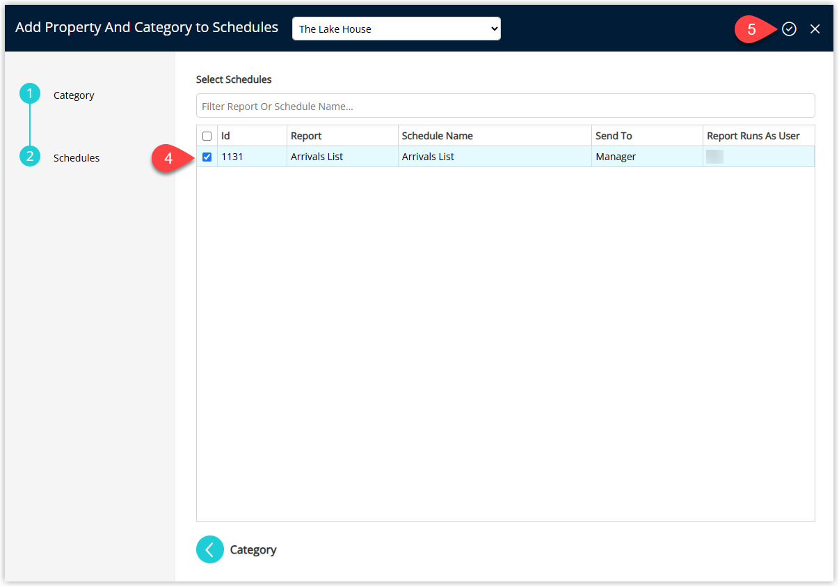 Annotated screenshot of the Add Property And Category to Schedules dialog in RMS with a schedule row checkbox and the confirm icon highlighted