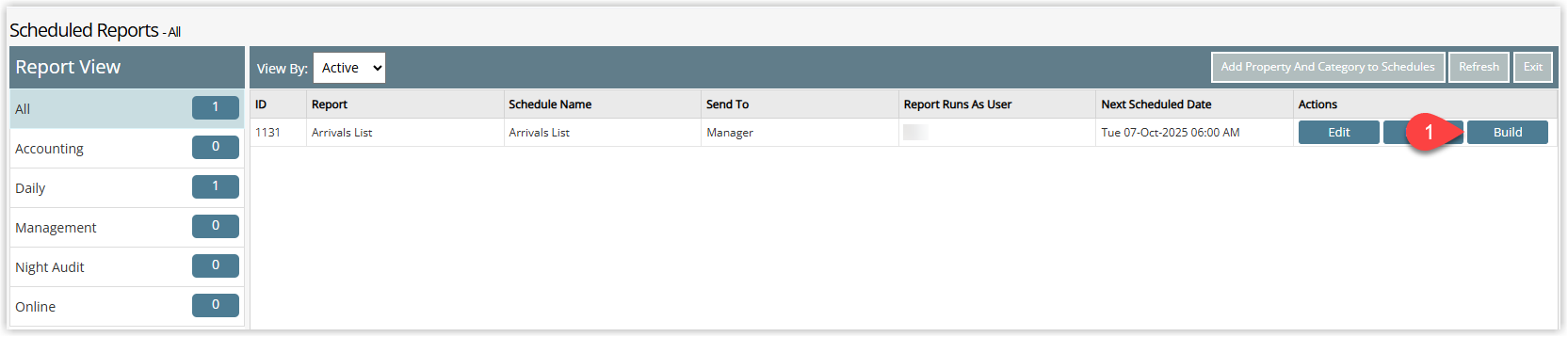 Annotated screenshot of the Scheduled Reports list in RMS with the Build button on a schedule row highlighted